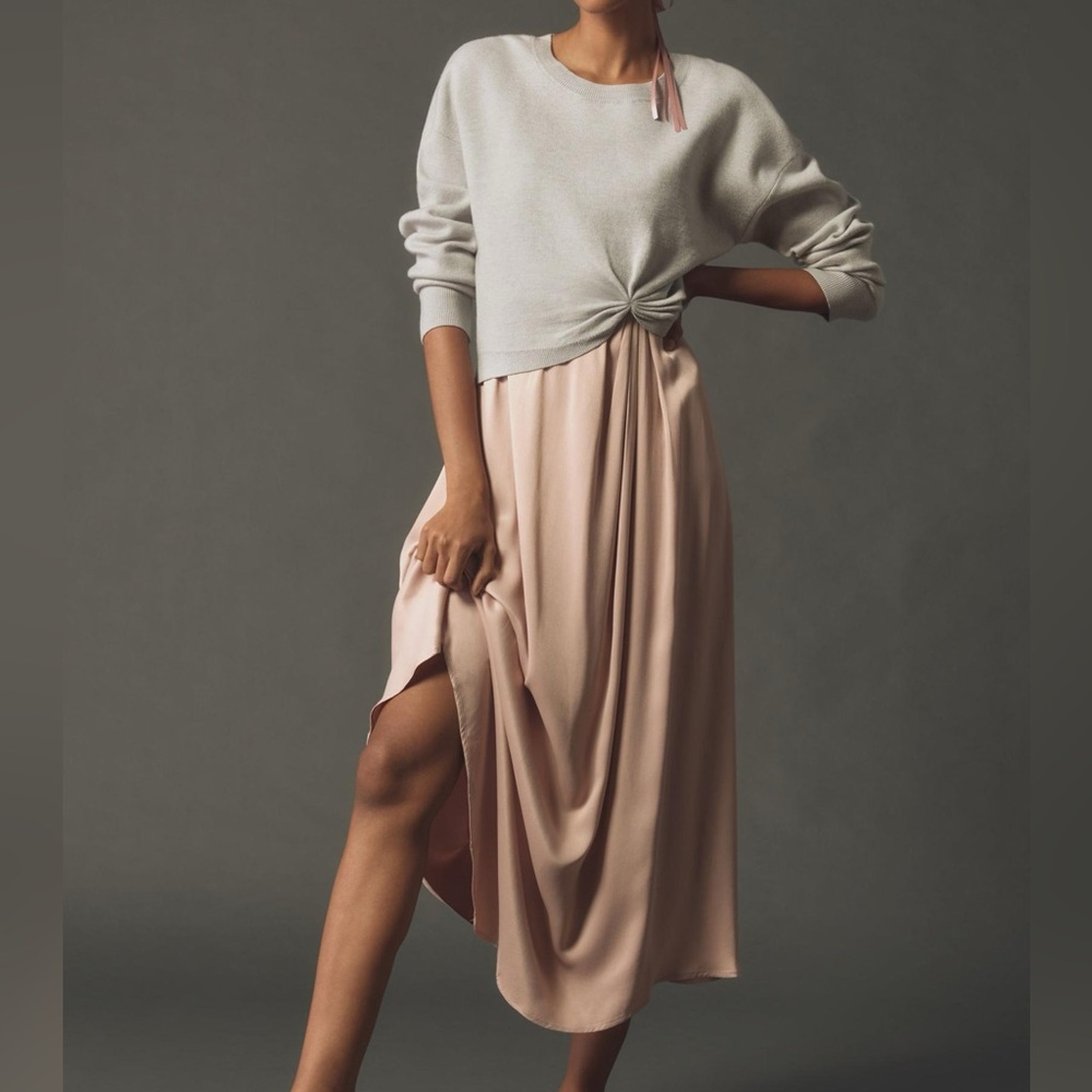 Anthropologie Gemini twofer sweater set with Blush Pink Satin Midi Skirt